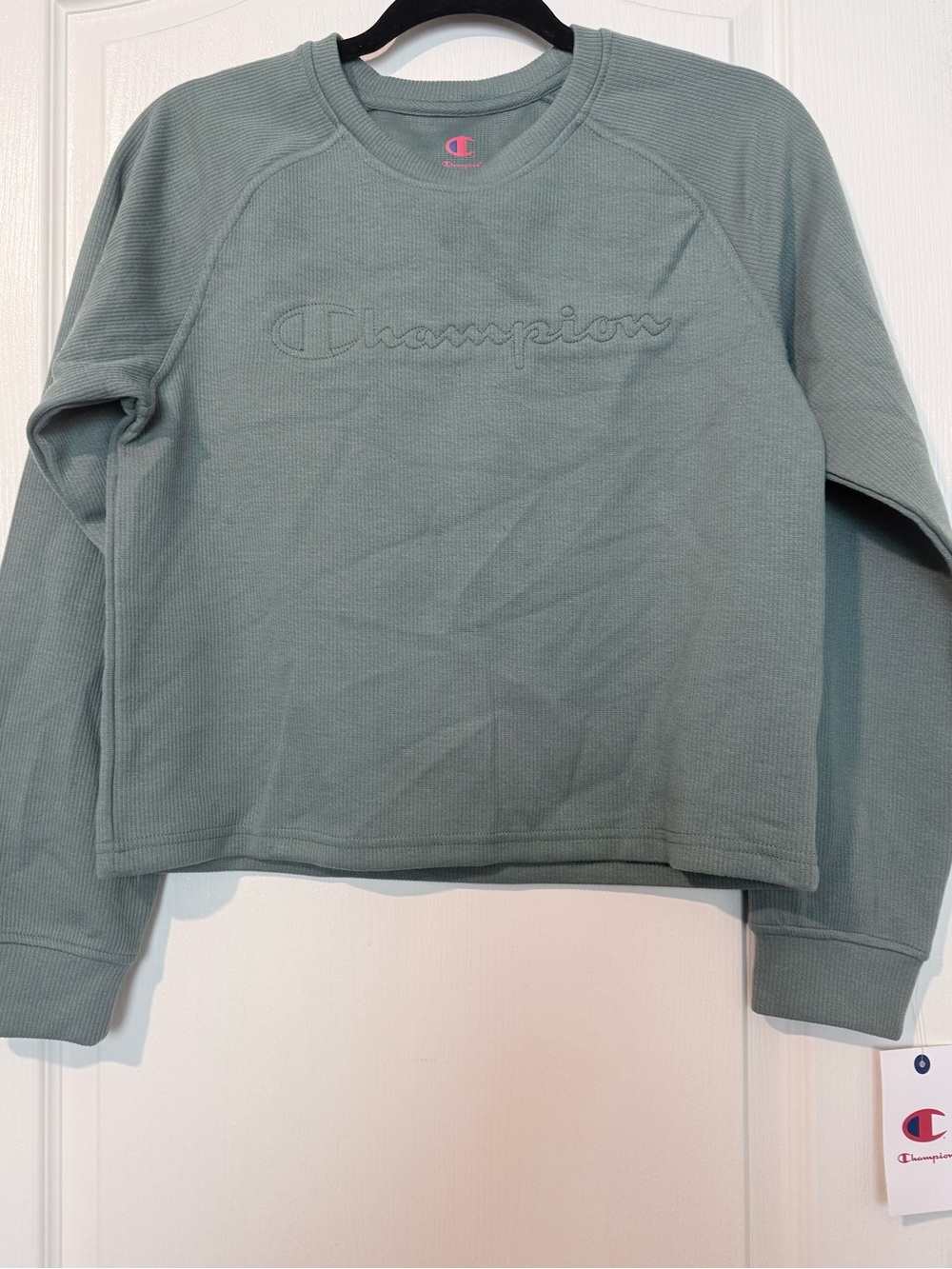 Champion Olive Green Waffle-Knit Crewneck with Red/Blue Logo